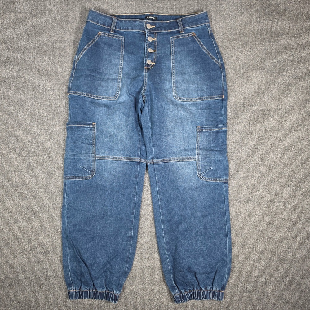 Flamingals Womens High Waisted Cargo Jogger Jeans Medium Wash Size L 253189 HB